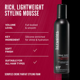Close-up Scruples product label highlighting alcohol-free and smoothing benefits