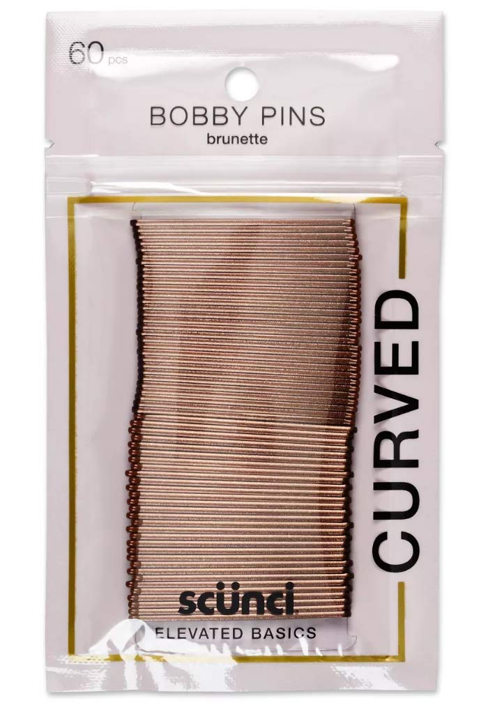 Scunci curved bobby pins front pack showing 60 pins and polished brunette finish for plenty of styles