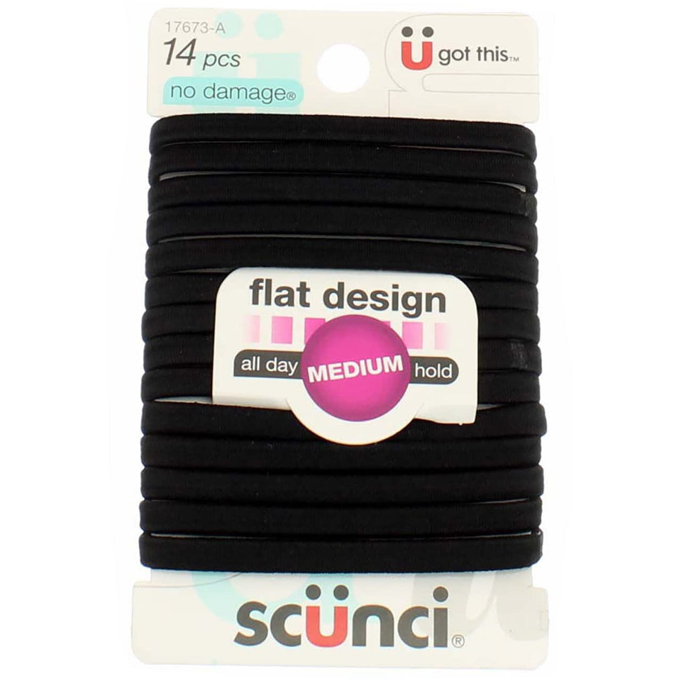 Scunci flat black hair ties front packaging showing pack count and color benefit: organized supply