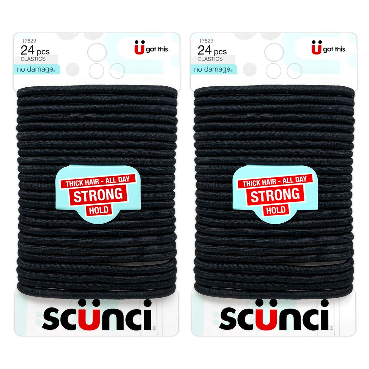 Scunci front packaging showing 2-pack of 24 black no-damage elastics for convenience