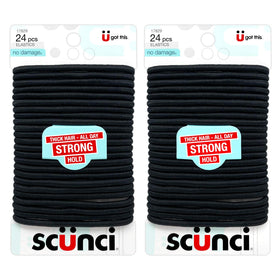 Scunci front packaging showing 2-pack of 24 black no-damage elastics for convenience