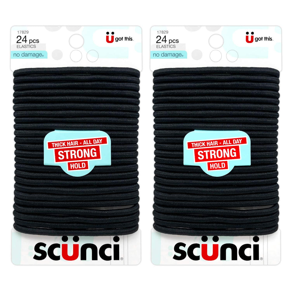 Scunci front packaging showing 2-pack of 24 black no-damage elastics for convenience