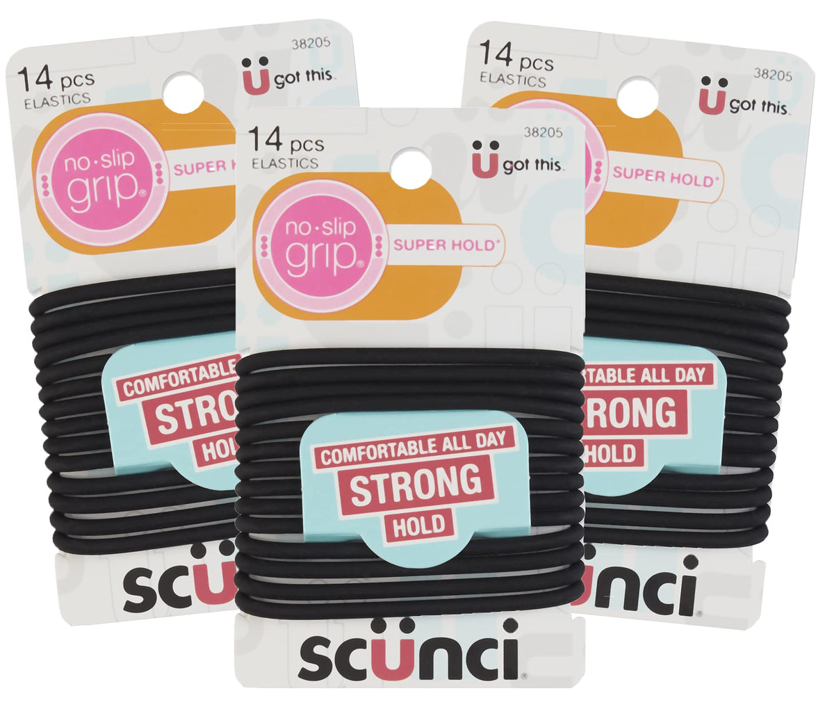 Scunci black gel elastics front pack showing convenience and strong hold