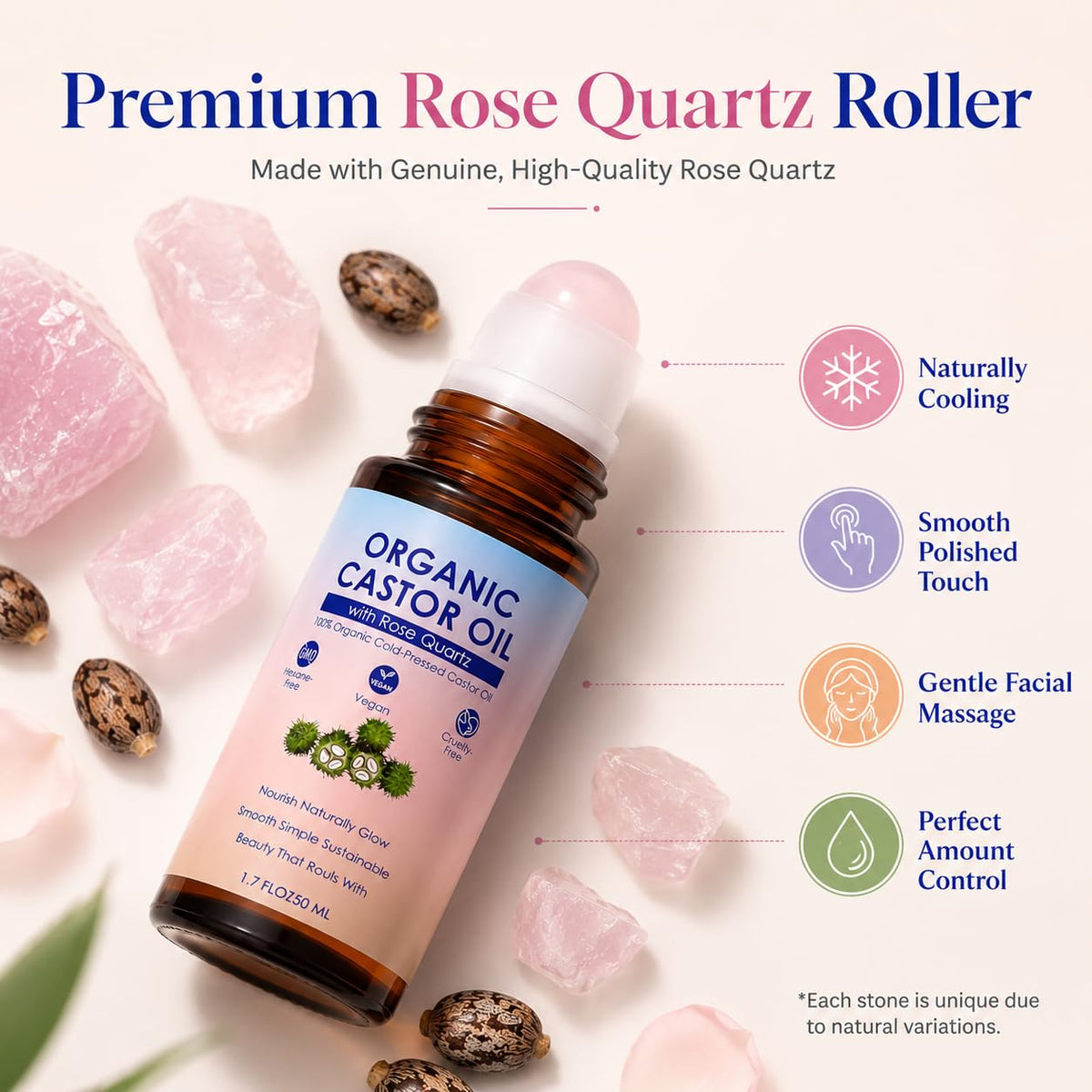 SDXJIOGE bottle beside rose quartz stone emphasizing calming ritual