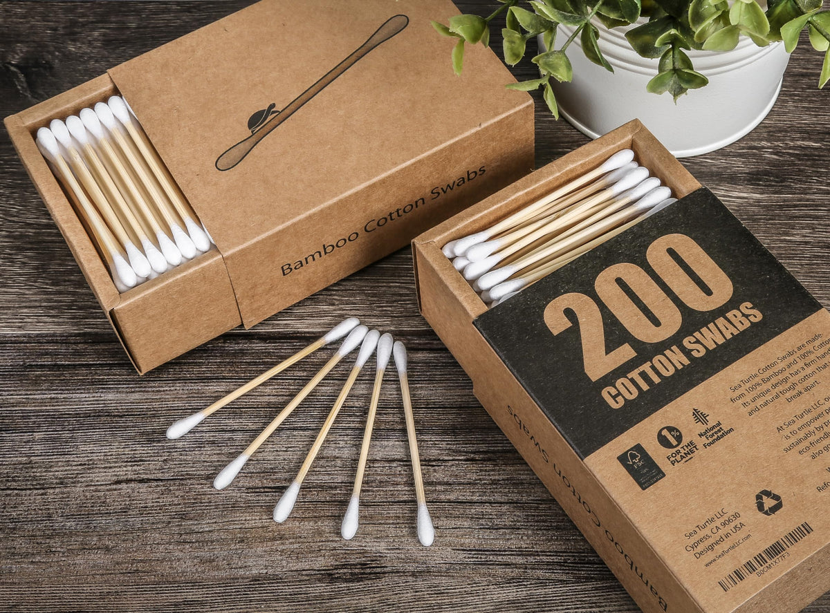 Sea Turtle swabs on bathroom vanity showing sustainable daily use