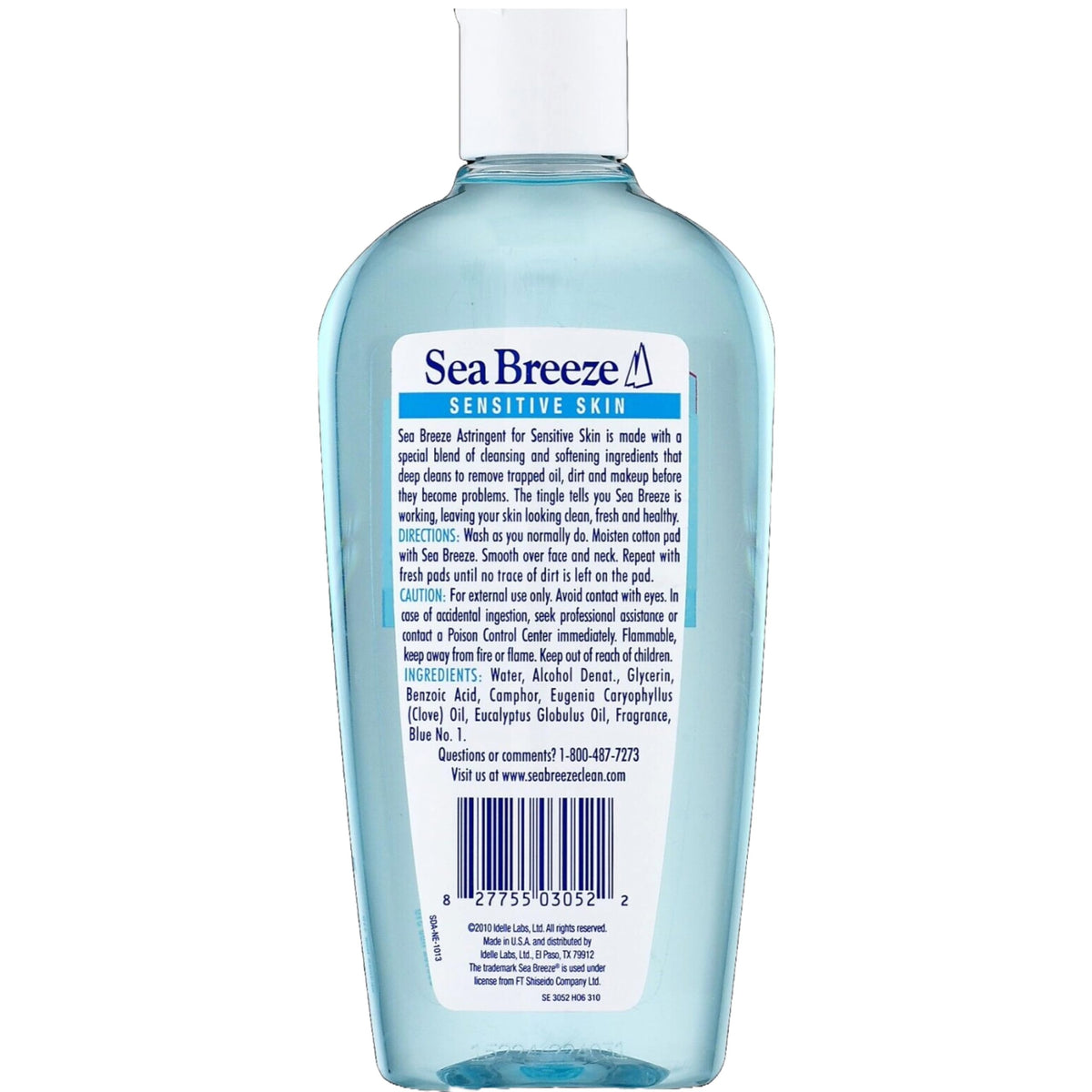 Seabreeze back label with ingredients list highlighting sensitive-skin benefit