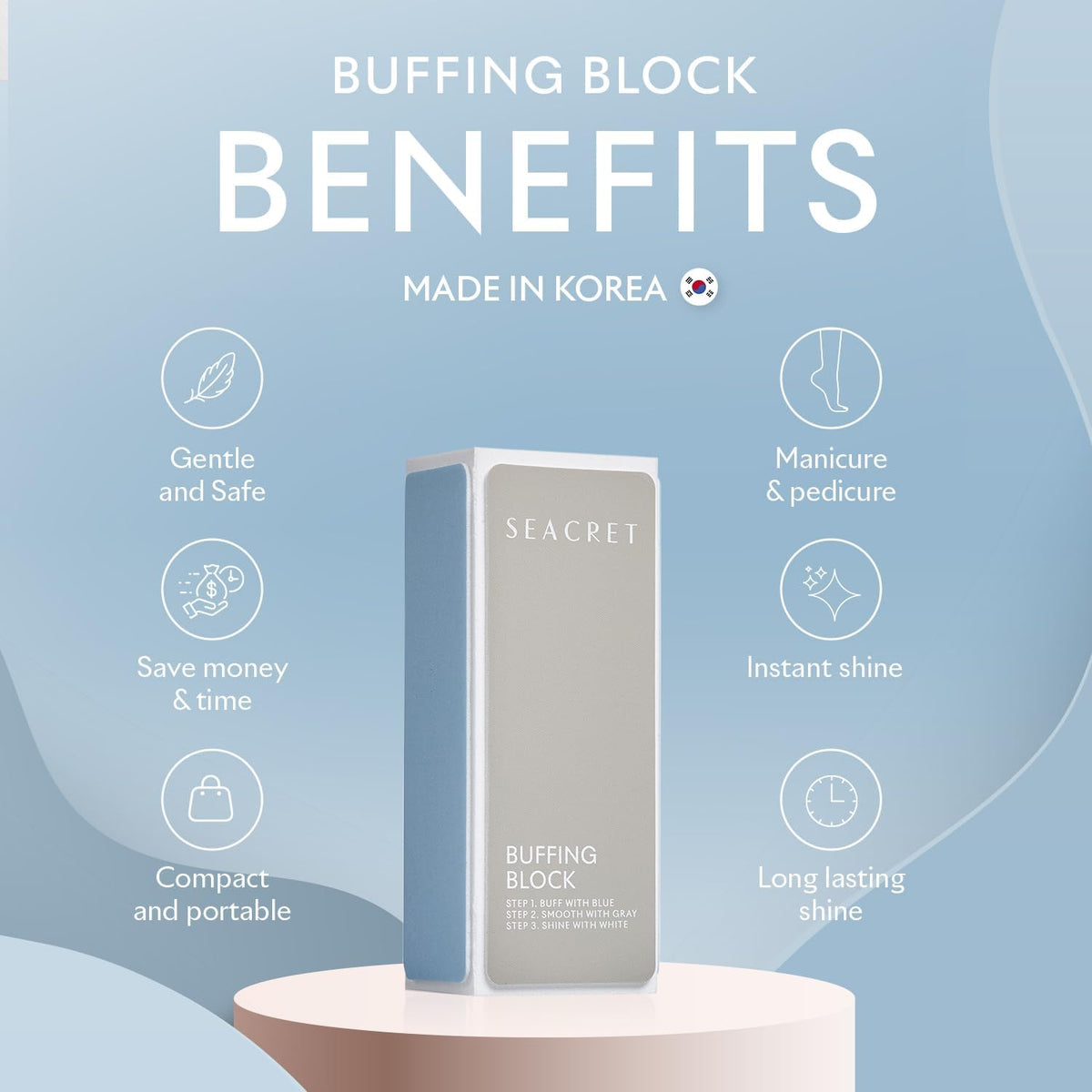 SEACRET buffer held in hand to show size and portability for travel-ready grooming