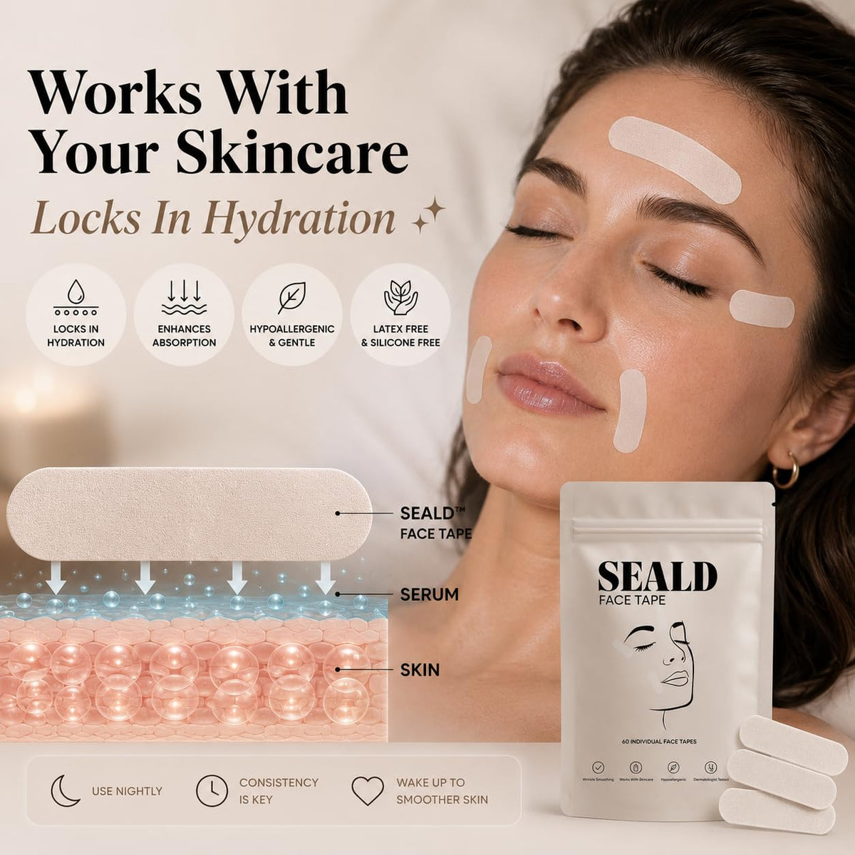 SEALD applied to forehead demonstrating smoothing effect and discreet cosmetic support