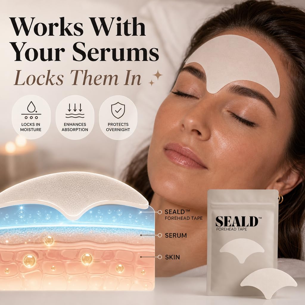 SEALD forehead tape applied to forehead demonstrating smoothing effect