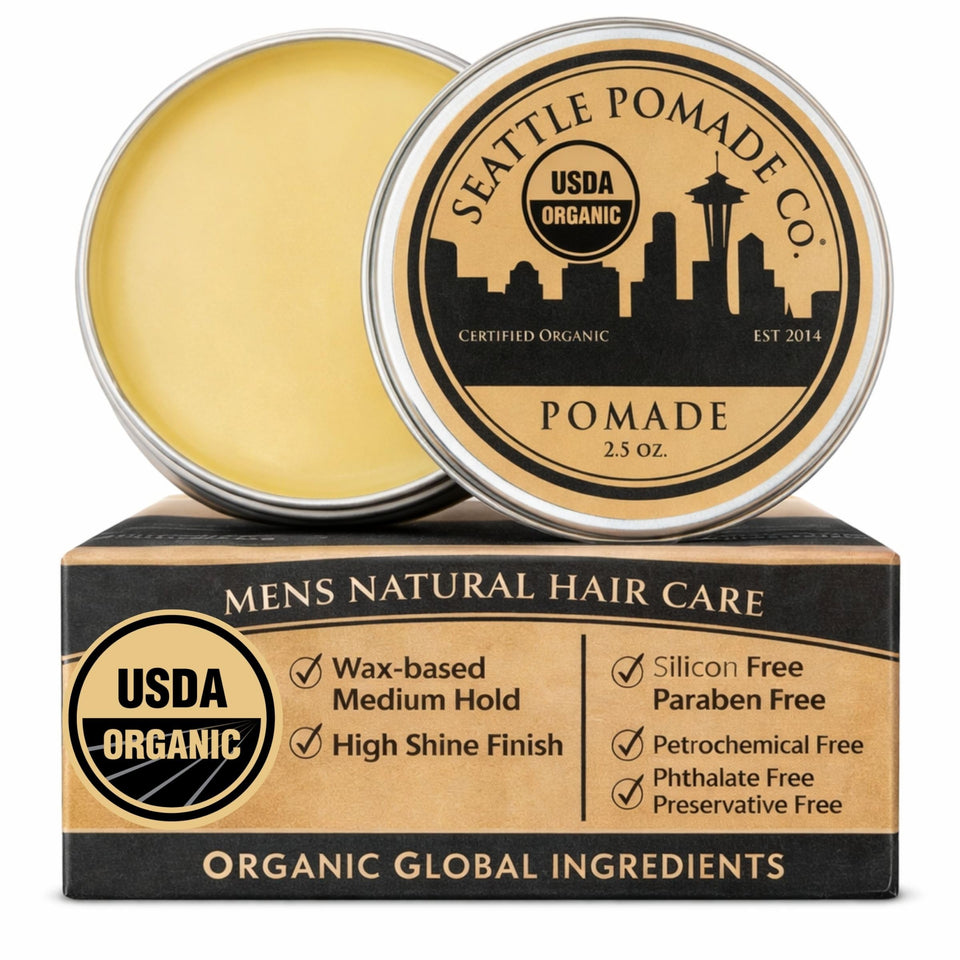 SEATTLE POMADE CO. front jar showing label and organic claim, clear product identity