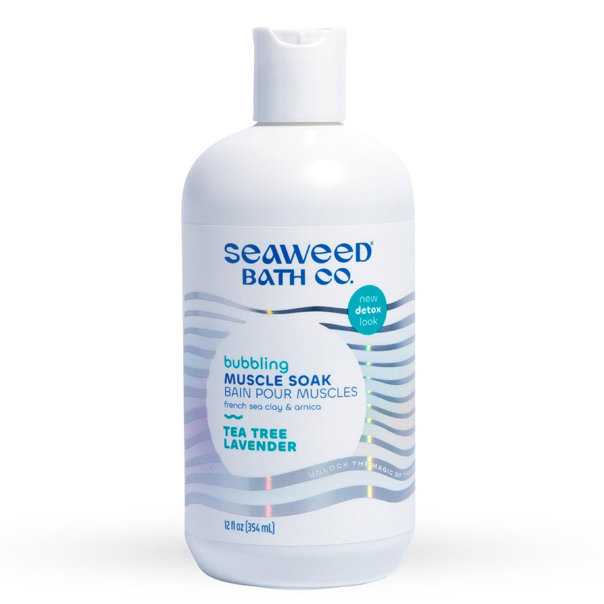 Seaweed Bath Co front bottle facing camera, showcases scent and benefits