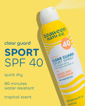 Seaweed Bath Co. Clear Guard SPF 40 spraying from can for fast, even application