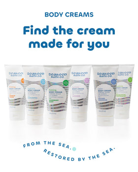 Seaweed Bath Co. bottle label showing recycled plastic packaging and eco benefit