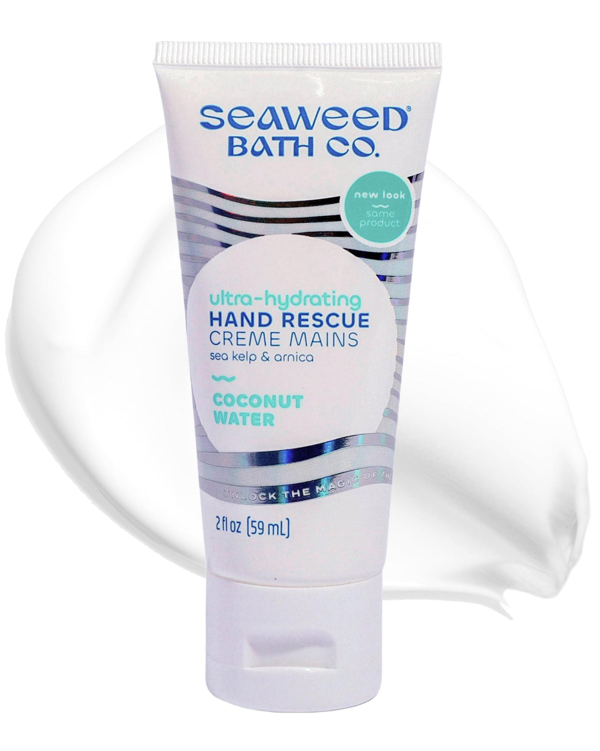 Seaweed Bath Co. front tube view showing compact 2 oz packaging and coconut scent benefit