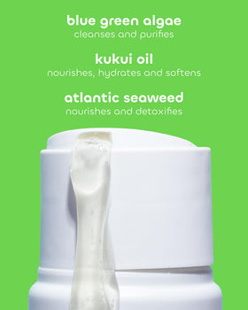 Seaweed Bath Co ingredient label detail listing seaweed, algae, kukui oil benefits