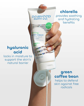 Seaweed Bath Co. pump dispensing cream onto hand for easy daily application