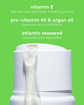 Seaweed Bath Co. shampoo back label showing ingredients and sustainable packaging