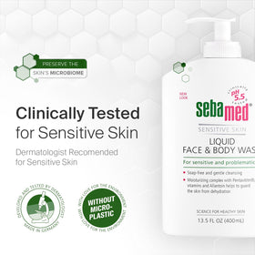 SEBAMED bottle on bathroom shelf in lifestyle scene conveying calm, hydrated skin