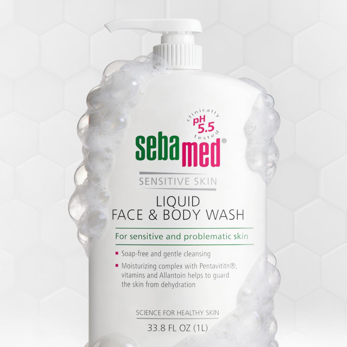 SEBAMED macro shot of Allantoin and Pentavitin listed, emphasizes hydrating benefits