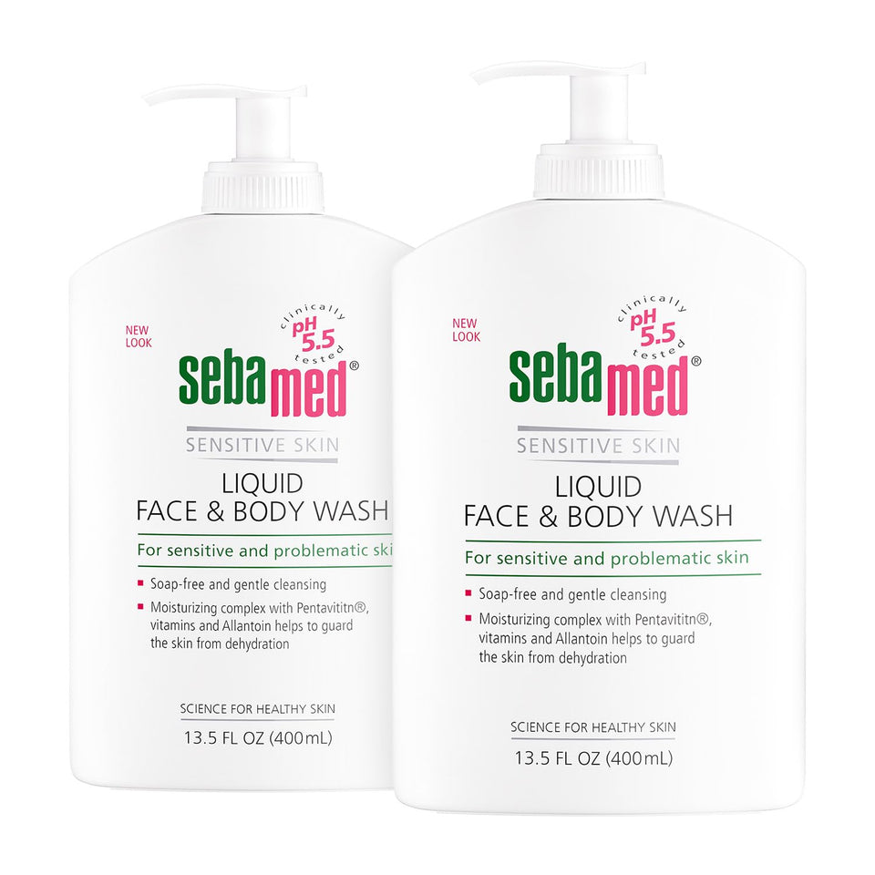 SEBAMED front packaging showing two pump bottles for easy access and value