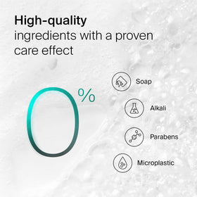 SEBAMED being poured into a hand, shows mild cleansing and easy rinseability