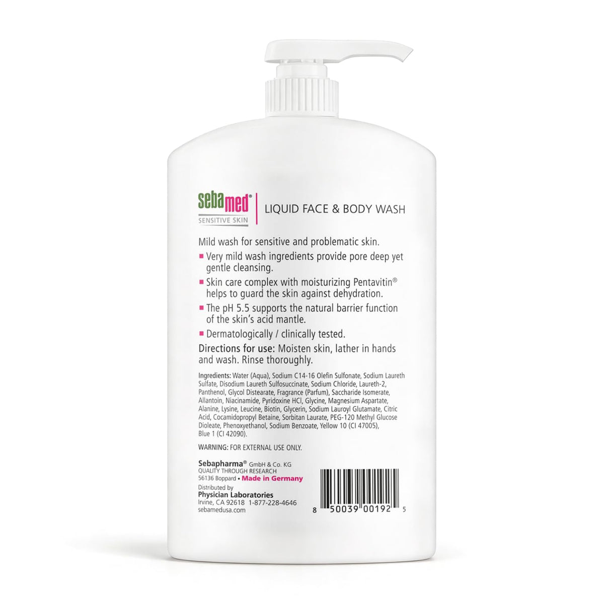 SEBAMED pump close-up with gel texture visible, demonstrates gentle, non-drying lather
