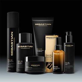 Close-up of Sebastian Dark Oil ingredient label, Sebastian highlights argan and jojoba oils