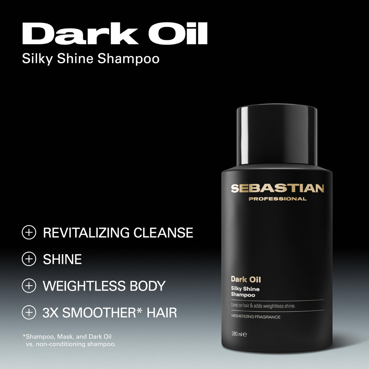 Close-up of Sebastian Dark Oil label highlighting lightweight shine claim
