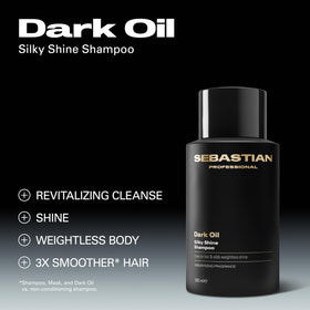 Close-up of Sebastian Dark Oil label highlighting lightweight shine claim