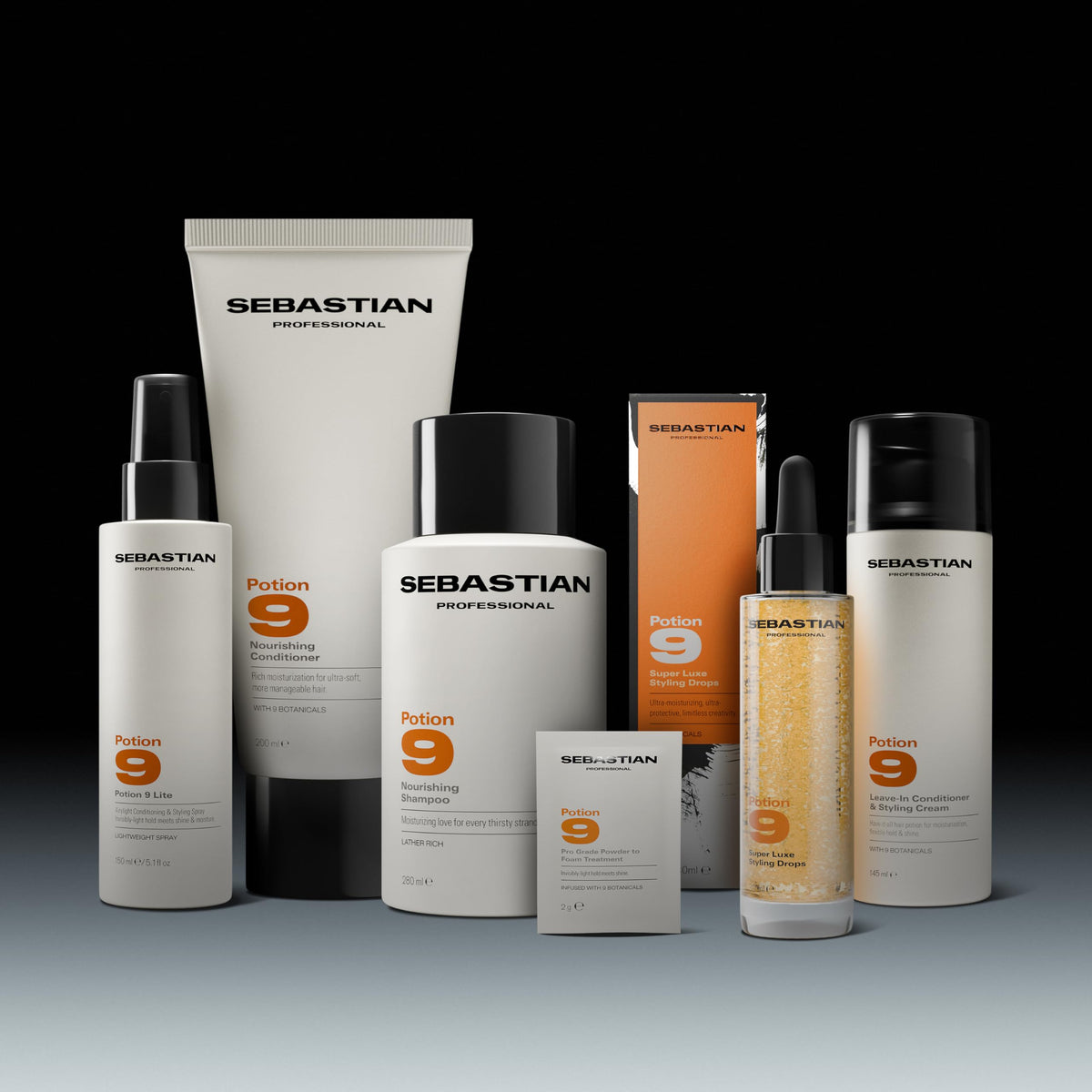 Sebastian Potion 9 on a bathroom shelf styled in a lifestyle scene indicating everyday use