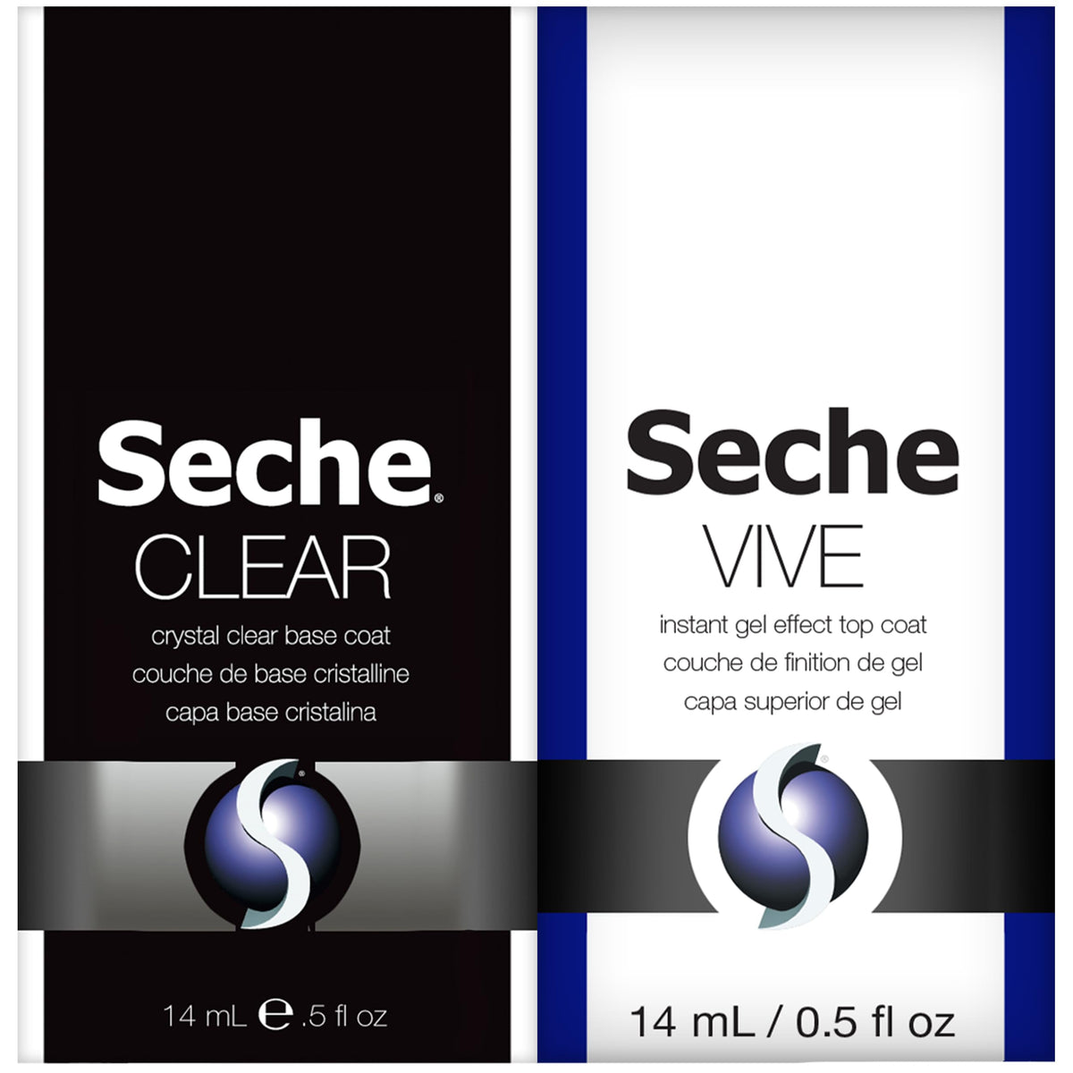 Seche front packaging showing both bottles and benefits