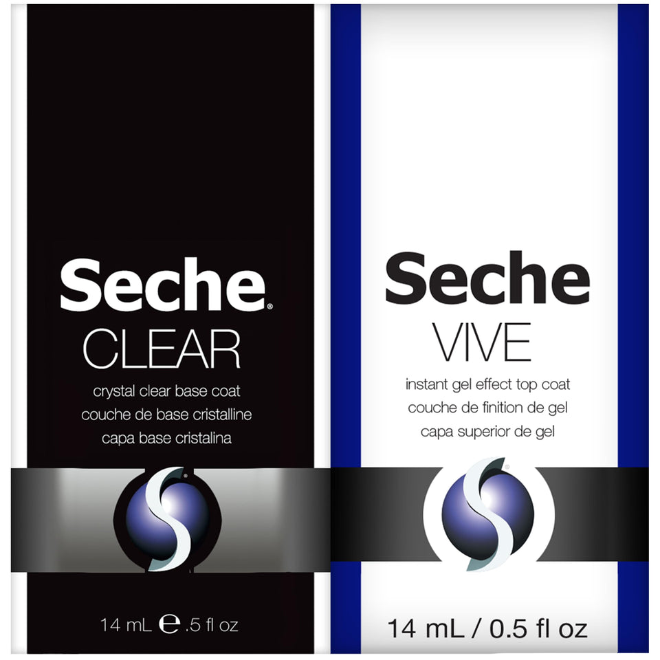 Seche front packaging showing both bottles and benefits