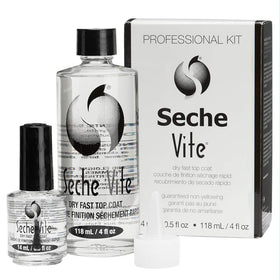 Seche bottle front view showing professional refill branding and glossy finish benefit