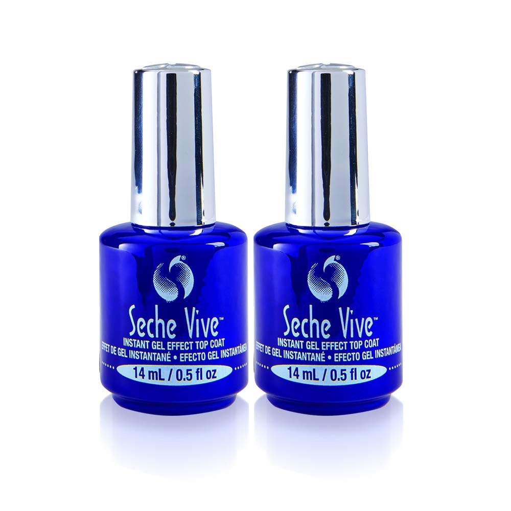 Seche Vive front packaging showing two glossy top coat bottles for long-lasting shine