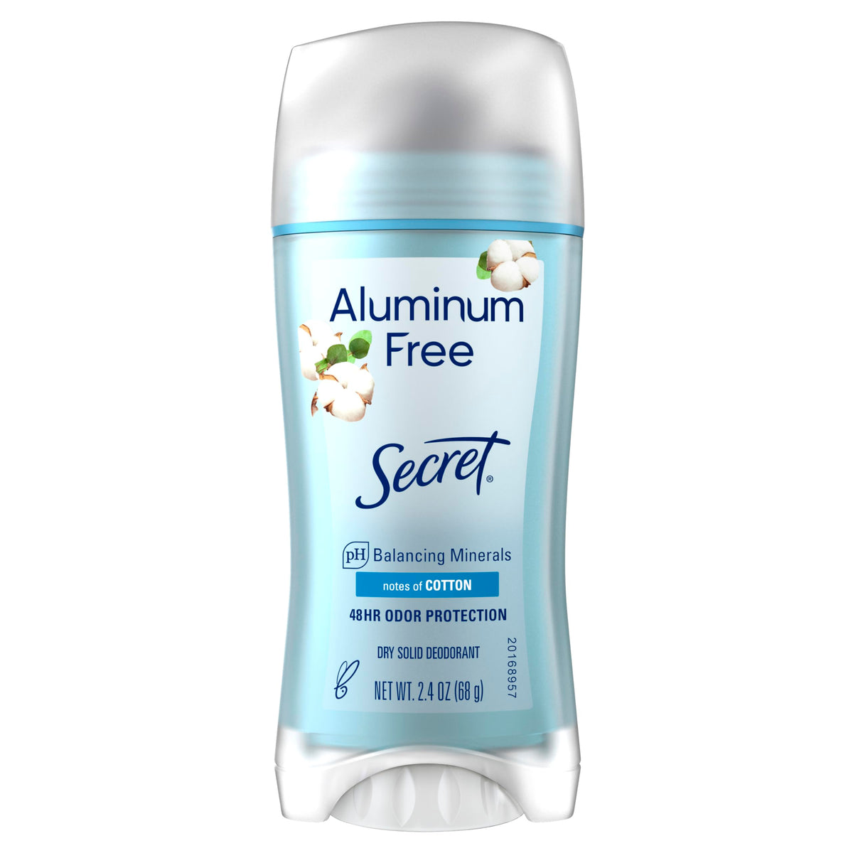 Secret front packaging showing aluminum-free deodorant and cotton scent benefits