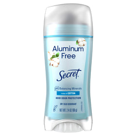Secret front packaging showing aluminum-free deodorant and cotton scent benefits