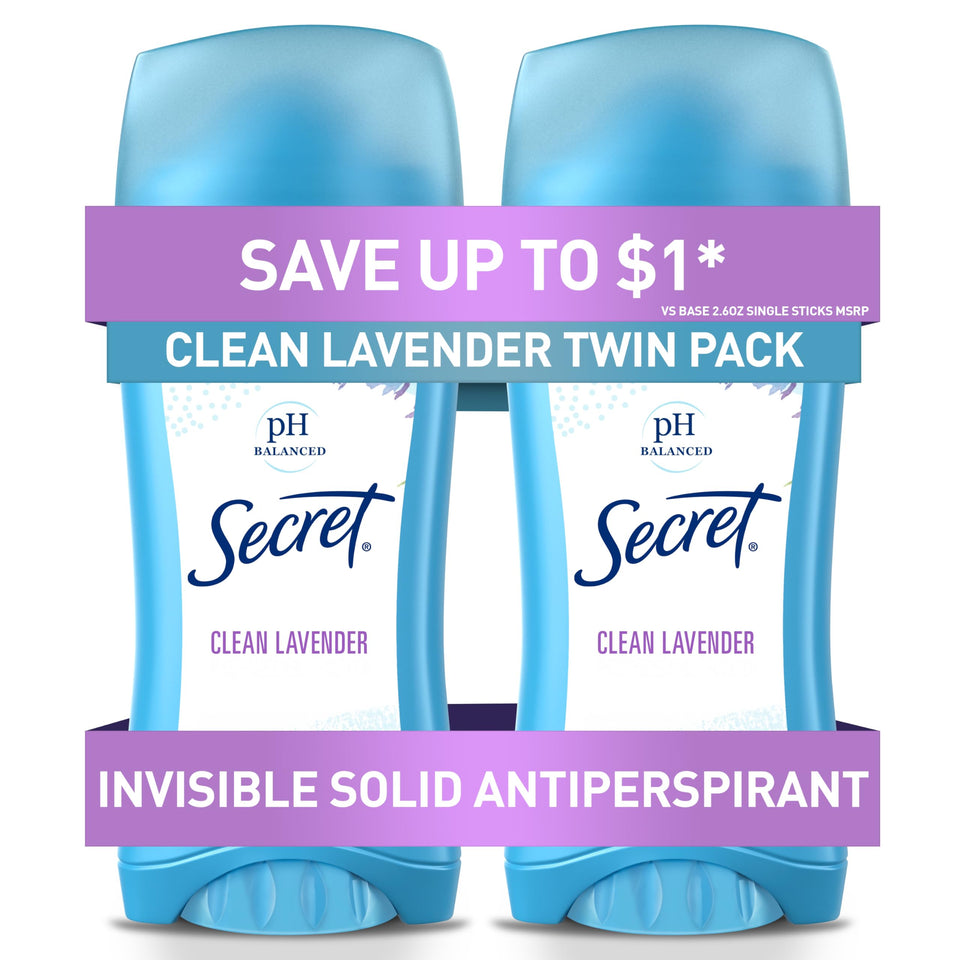 Secret front packaging showing clean lavender scent and 2-pack convenience for confidence
