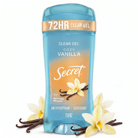 Secret clear gel front view shows compact 2.6 oz package and quick-dry benefit