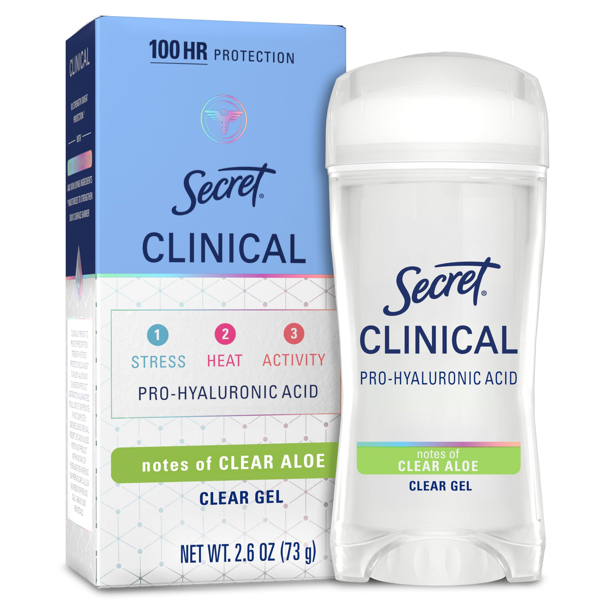 Secret clear gel front packaging showing clinical protection benefits