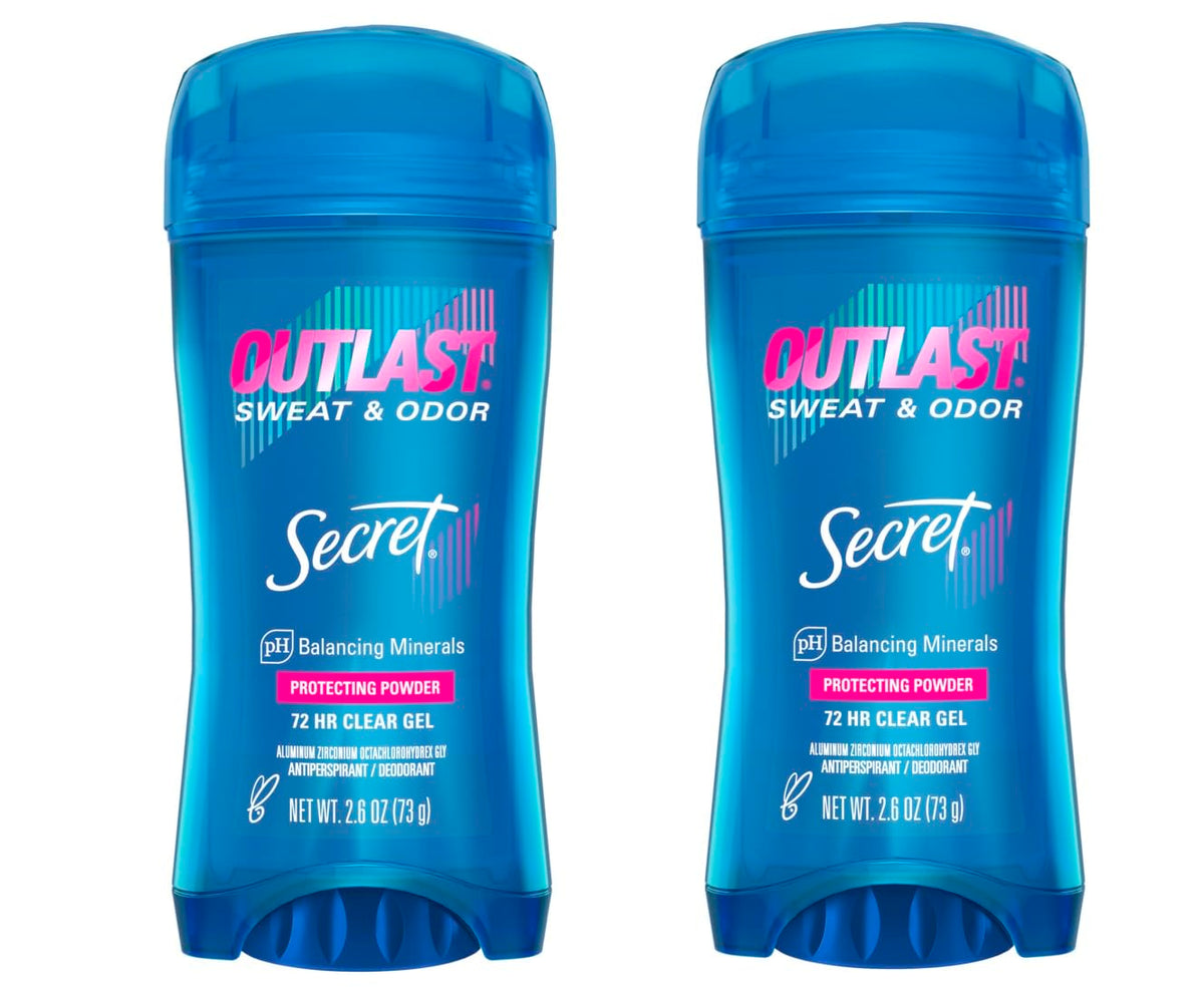Secret clear gel front packaging showing twin 2.6 oz sticks and benefits