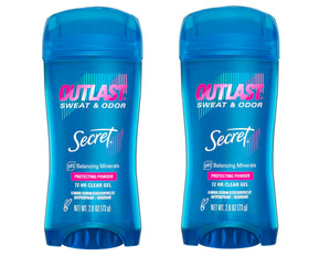 Secret clear gel front packaging showing twin 2.6 oz sticks and benefits