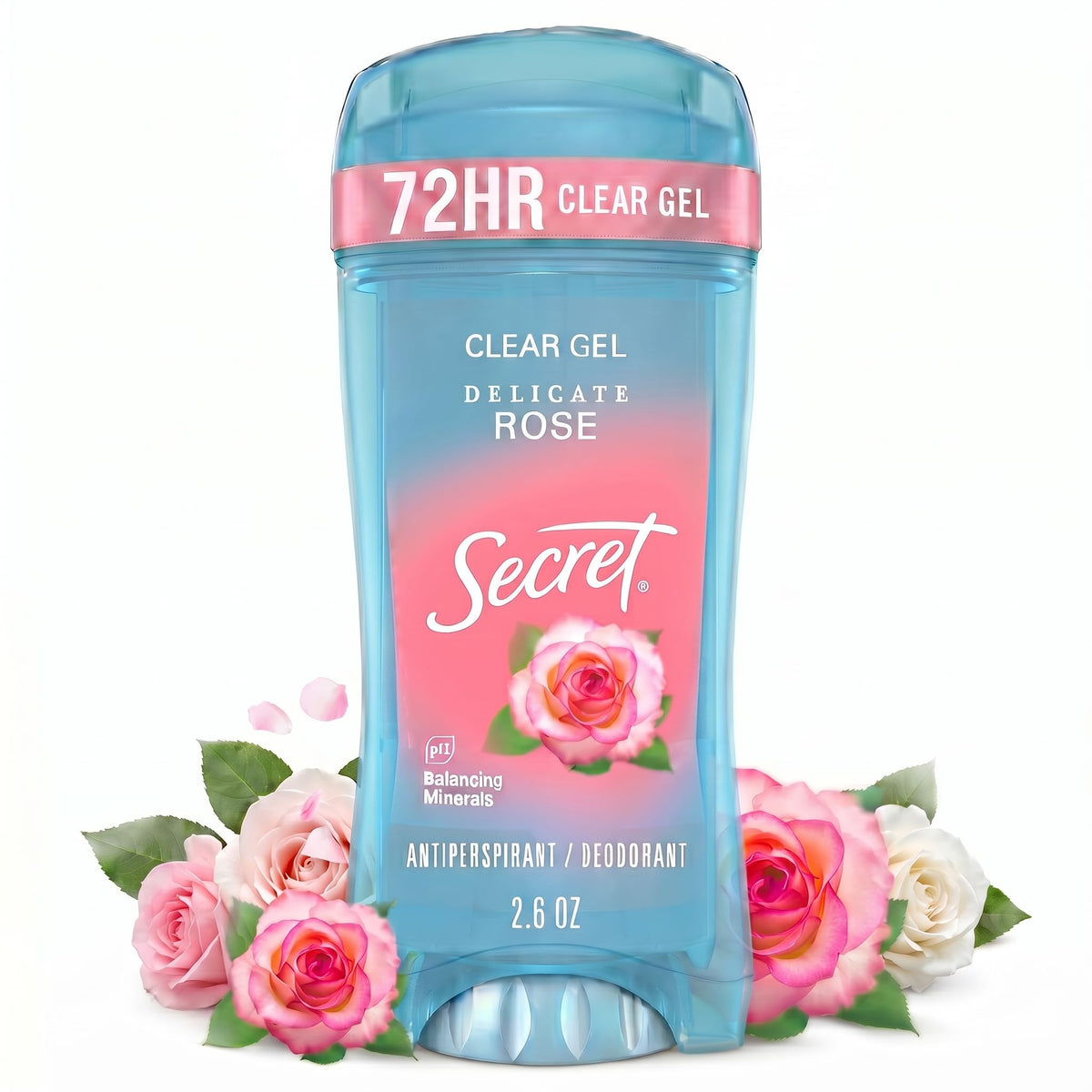 Secret clear gel front view showing stick and rose scent benefit
