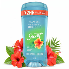 Secret clear gel front view shows compact bottle and easy application benefit