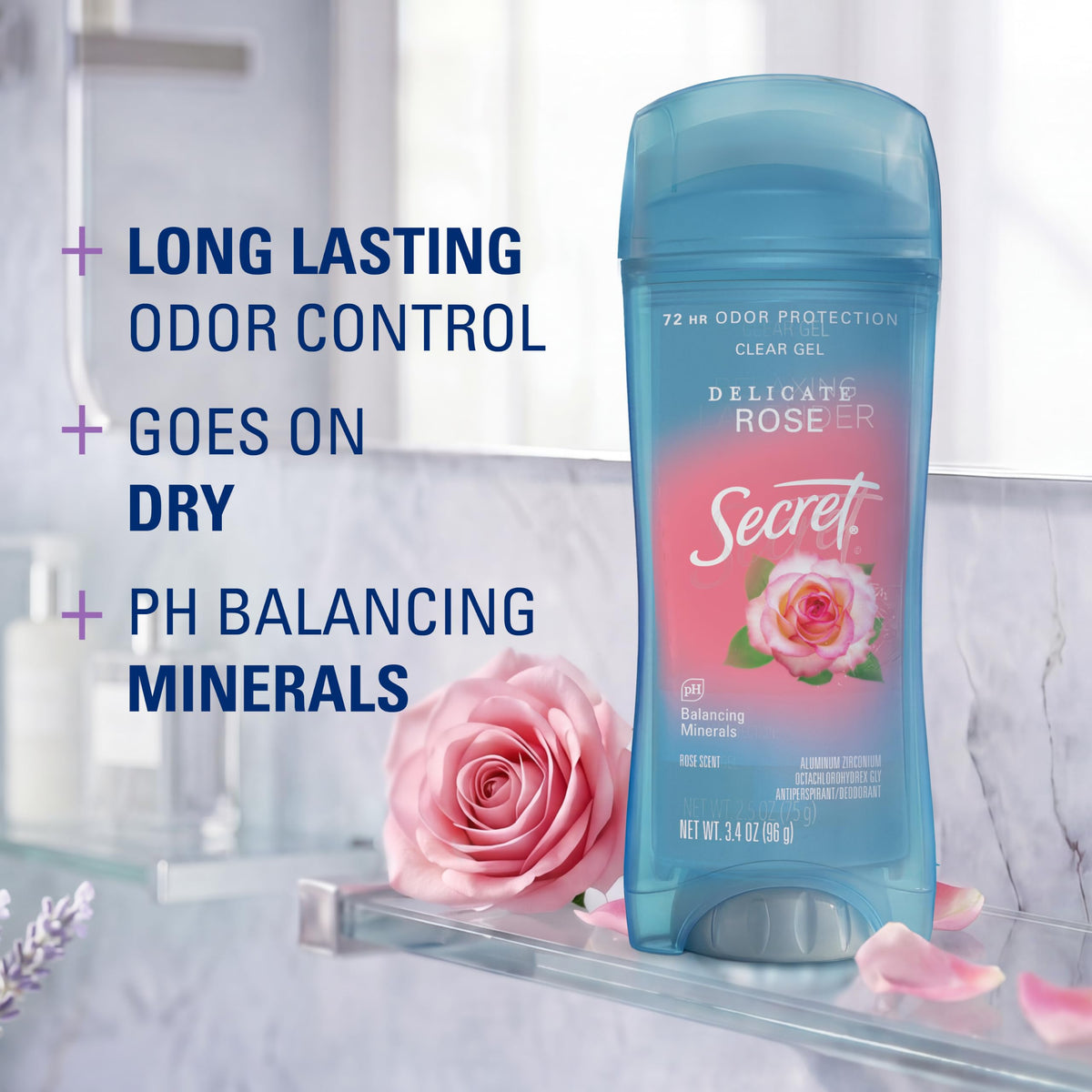Secret clear gel open cap demonstrating easy application benefit