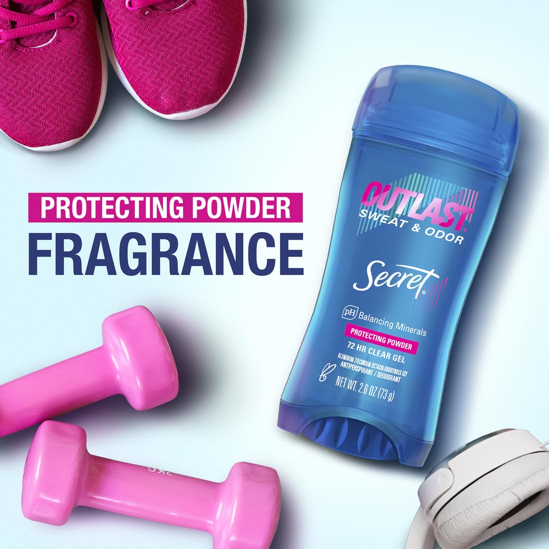 Secret gel held in hand to show scale and travel-friendly 2.6 ounce size