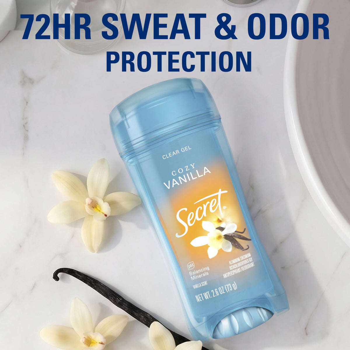 Secret clear gel vanilla scent burst image suggesting fresh cozy fragrance
