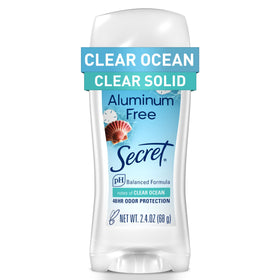Secret clear solid front packaging shows size and ocean scent benefit