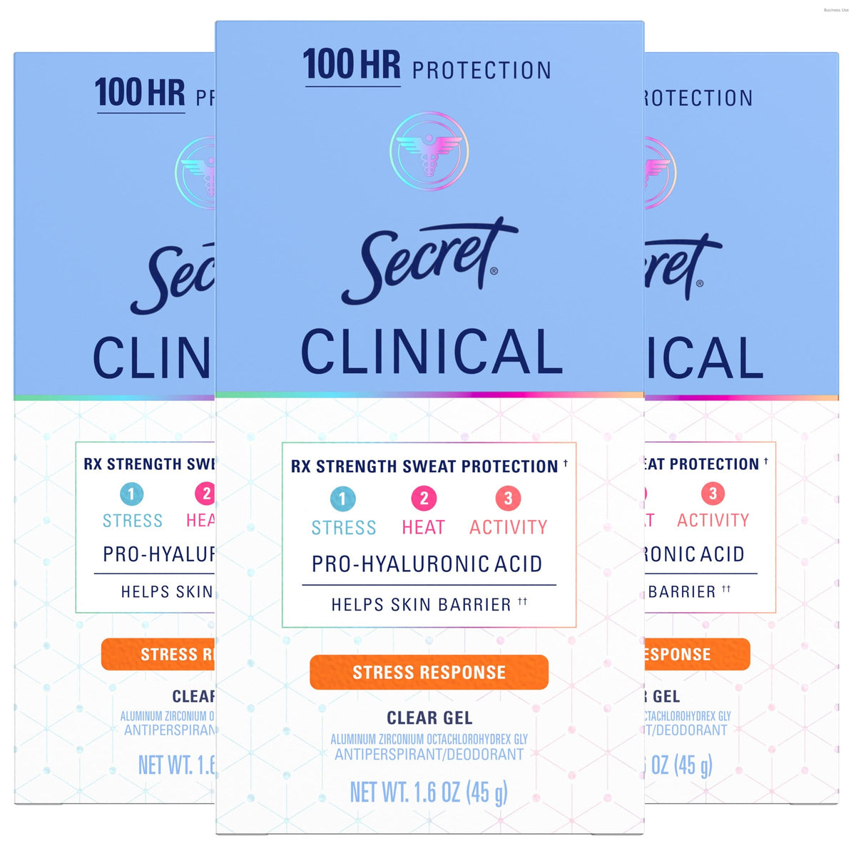 Secret clear gel front packaging showing brand and clinical strength benefit