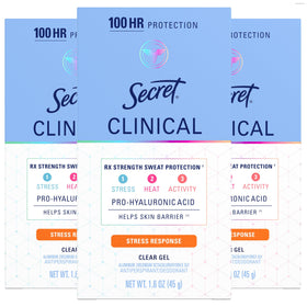 Secret clear gel front packaging showing brand and clinical strength benefit