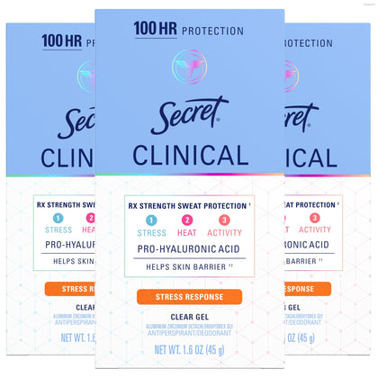 Secret clear gel front packaging showing brand and clinical strength benefit